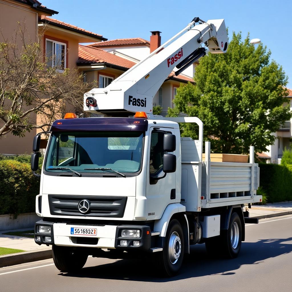 Motrice Spazio Soc. Coop. con gru Fassi F40 in azione su consegna a domicilio